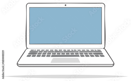 Hand drawn laptop computer illustration with a blank blue screen front view vector art