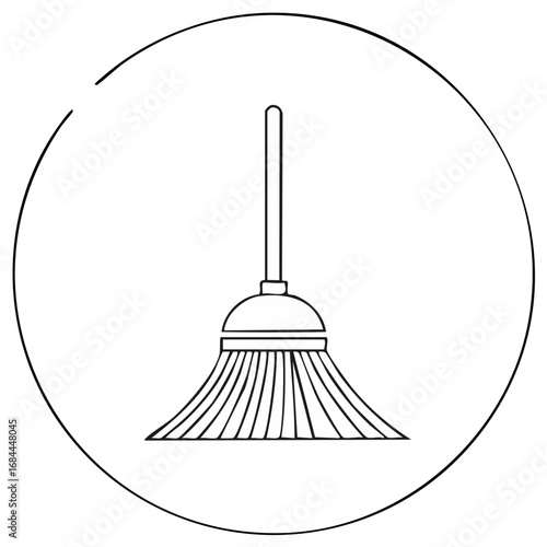Broom Icon Clean Minimalist Design Circle Broomstick Swiping Housekeeping Tool Black and White Vector Line Art