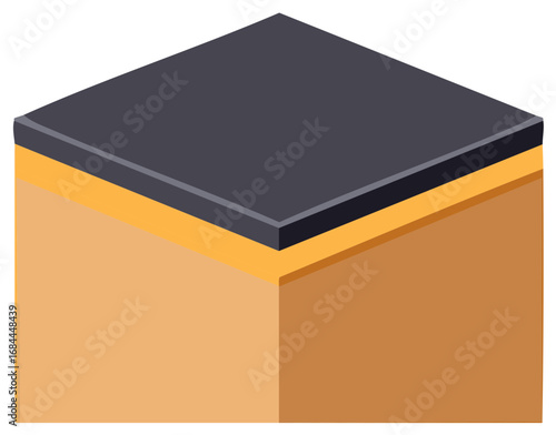 Isometric cross-section of asphalt paving layers showing subbase soil and aggregate base