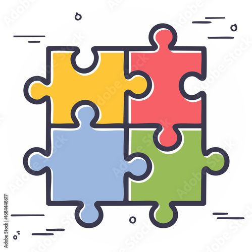 Hand-drawn illustration of a colorful four-piece jigsaw puzzle symbolizing teamwork, connection, and problem-solving