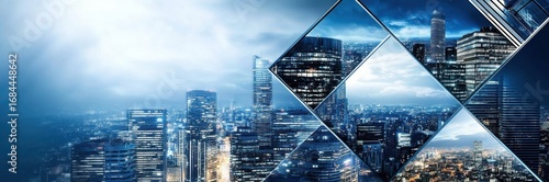 Futuristic Business Data Technology Concept for Big Analytics and collage six different images arranged