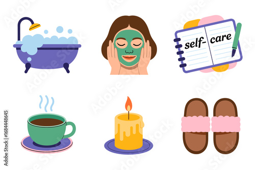 Wellness spa self-care vector illustrations, candle tea face mask bath book slippers graphics, colorful lifestyle comfort design, relaxation stress relief elements