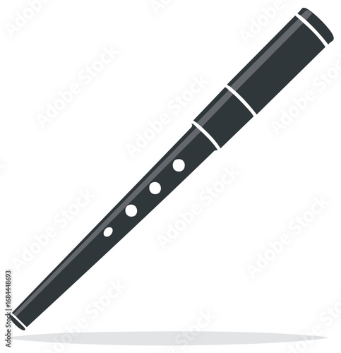 Dark grey stylized wind instrument vector illustration with multiple finger holes musical design element