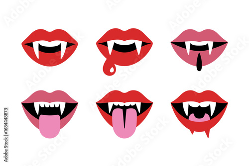 Vampire lips vector illustrations, scary mouths with sharp fangs tongue dripping blood graphics, horror fantasy elements, spooky Halloween art