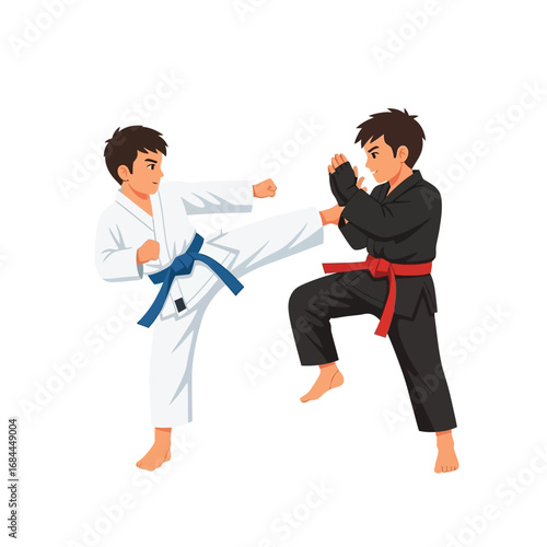Two young men in martial arts uniforms practicing karate, one kicking.