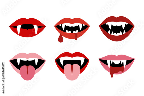 Horror vampire lips vector illustrations, bloody mouths with fangs tongue dripping scary expression graphics, spooky Halloween design, fantasy character art