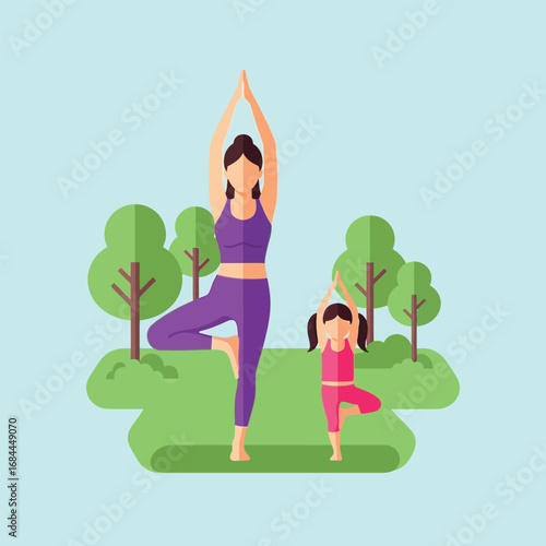 Mother and daughter practicing yoga together outdoors in a park setting.