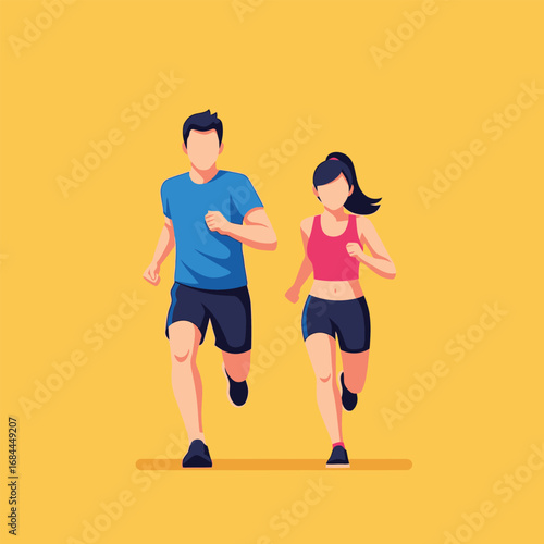 A man and a woman are running together, exercising in athletic attire against a yellow background.