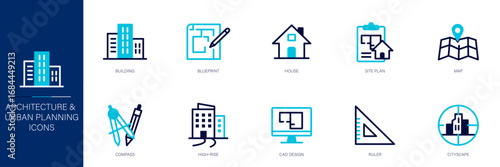 Architecture Urban Planning Blue Colored Outline Icon Set