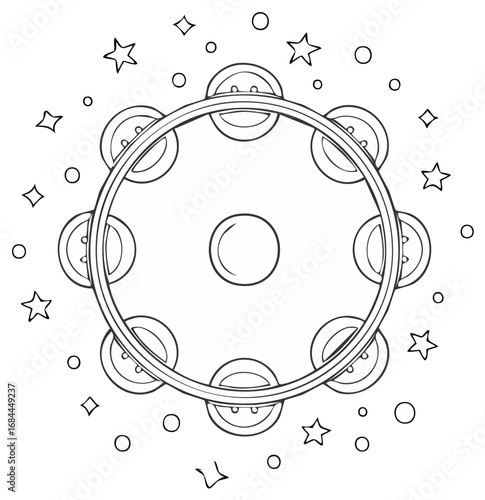 Outline tambourine drawing with stars and circles musical instrument for coloring pages and educational materials