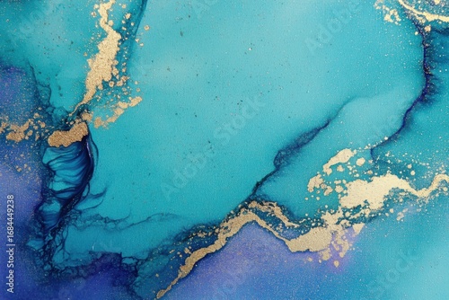 High resolution photograph of original marble ink abstract art painting combination blue gold