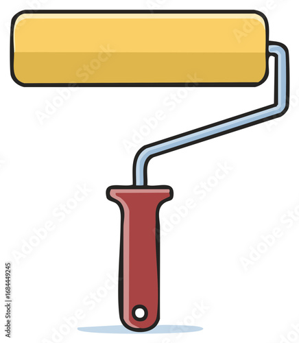 Painterly Illustration of a Paint Roller Tool with Yellow Roller, Dark Red Handle, and Silver Tone Frame