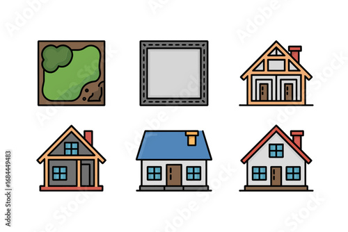 Residential property icons vector set, house exterior plot garden layout garage fence sidewalk variations, architecture home design elements
