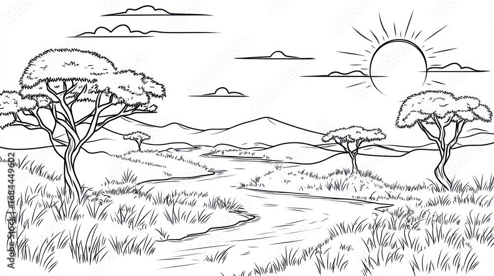 Fototapeta premium African Savanna Landscape Drawing