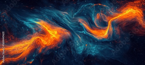 Dynamic blue and orange liquid ink blending in high-quality 3D abstract digital art piece that