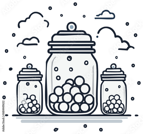 Three jars filled with objects and illustrated clouds, simple black and white design