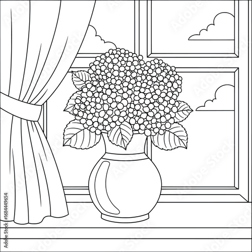 Hydrangea flowers arranged in a decorative vase placed on a windowsill with curtains and outdoor view line art vector illustration for floral coloring pages and botanical design projects