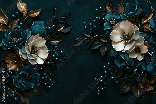 Teal painted flowers on dark textured background with subtle moody digital art piece that features