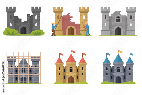Old heritage house building vector illustrations, cultural monument icons, preserved architecture set, landmark restoration graphics, historic conservation design elements