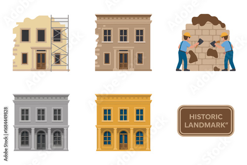 Historic site architecture icons, old building facades, landmark conservation illustration set, cultural heritage houses, preserved structures design collection