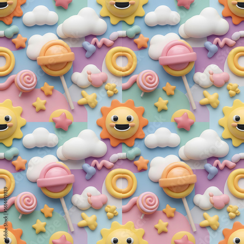 Happy sun and candy seamless pattern background.