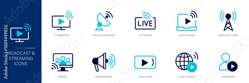 Broadcast and Streaming Blue Colored Outline Icon Set