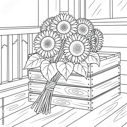 Sunflower bouquet tied together and placed on a rustic wooden crate on a porch line art vector illustration designed for adult coloring pages and cozy creative floral projects natural outdoor themes