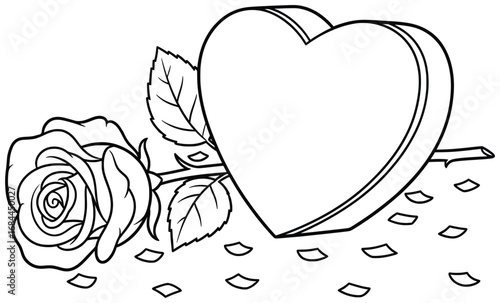 Rose with heart shaped gift box surrounded by scattered petals line art vector illustration designed for adult coloring pages and romantic creative floral projects inspired by love and celebration