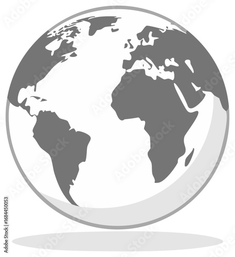Flat stylized globe illustration of Earth depicting continents and oceans on a spherical shape