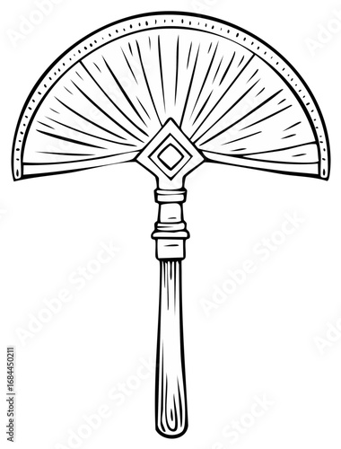 Ornate ancient royal hand fan with a decorative handle, black and white line art illustration