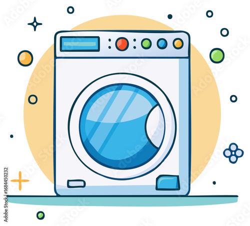 Cartoon Washing Machine with Colorful Bubbles and Stars
