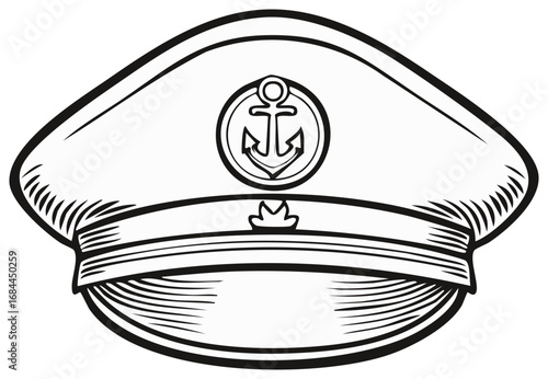 Classic sea captain hat with anchor insignia black and white vector illustration