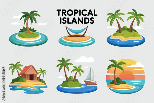 Tropical island vector illustrations, beach paradise palm tree icons, exotic huts, ocean view designs, summer vacation travel graphics,