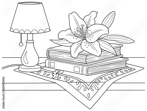 Blossom placed on a stack of books beside a decorative table lamp line art vector illustration designed for adult coloring pages and relaxing creative projects focused on floral home decor