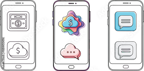 Smartphone with money and chat cloud icons, colorful abstract digital finance, communication, mobile app, modern technology, online banking, messaging concept illustration.