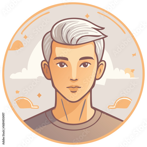 Portrait of a young man with gray hair, styled with a circular background with clouds and stars