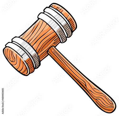 Wooden gavel cartoon illustration representing justice and law and auction
