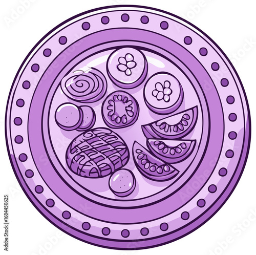 Cartoon illustration of a purple plate with various vegetable slices arranged in a circle