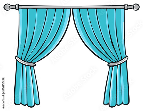 Vibrant Blue Curtains with Tie Backs and Rod Cartoon Illustration