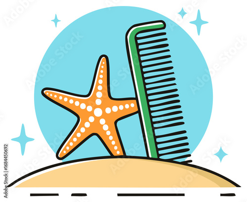 Stylized illustration of a starfish and comb on a beach, with a blue background