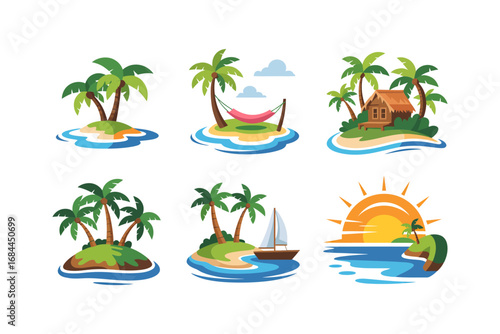Paradise tropical island icons, beach palm trees, hut illustrations, summer holiday sunset vector graphics, exotic seaside travel design,