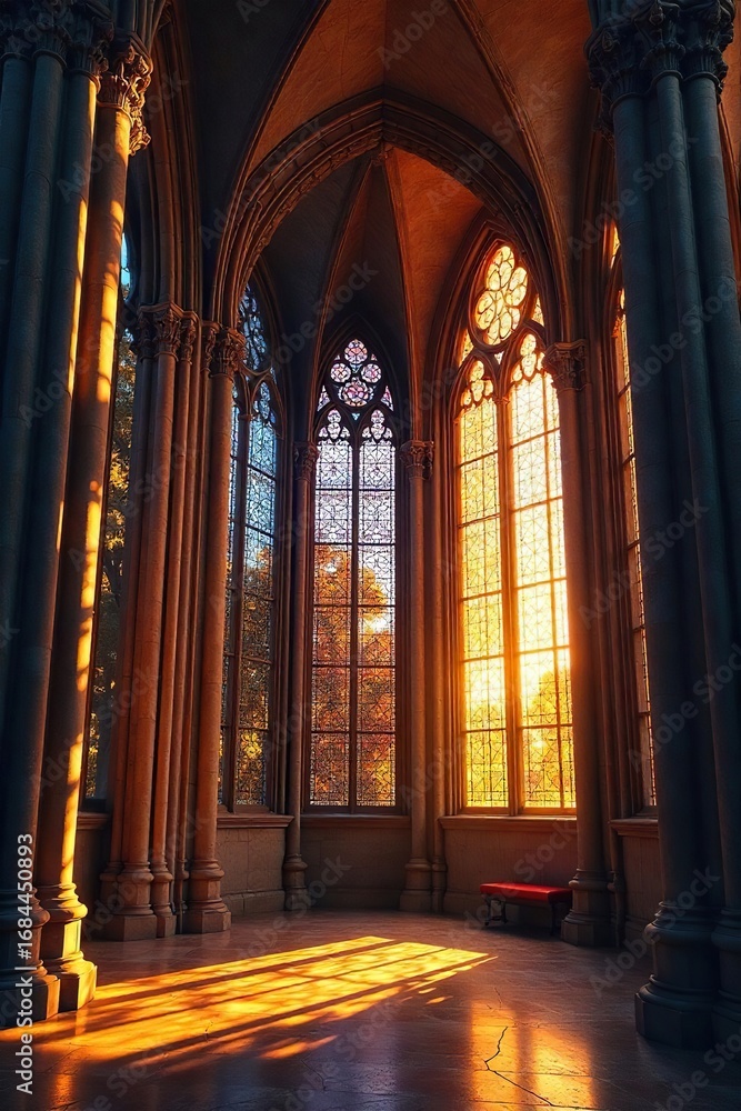 Obraz premium Golden Sunset Bathes Majestic Gothic Cathedral in Warm Light, Showcasing Intricate Architecture and Breathtaking Stained Glass Windows, Inspiring Faith and Awe.