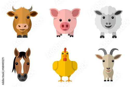 Domestic farm animals vector icons, cow, pig, horse, sheep, chicken, goat illustrations, rural agriculture graphics, countryside design collection,