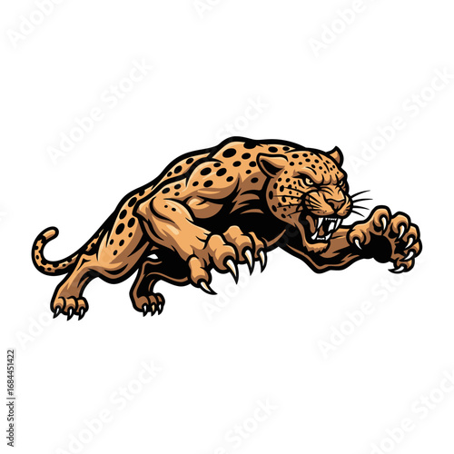 A powerful and aggressive leopard mascot with bared teeth and extended claws, captured in a dynamic pouncing pose on a white background
