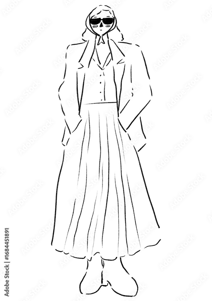 Fototapeta premium Fashion woman in retro style. Woman standing with cool and stand out outfit with black glasses hand drawn pencil illustration.