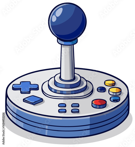 Retro gaming joystick with blue ball top and colorful buttons for arcade gameplay