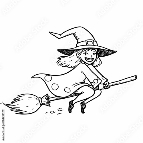 Cartoon witch flying on a broomstick, wearing a hat and polka-dot cloak, smiling happily.