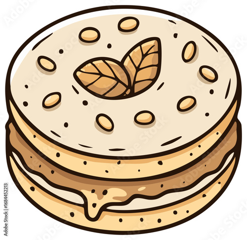 Delicious layer cake cartoon illustration with cream, nuts, topping and two leafs