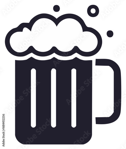 Stylized vector illustration of a beer mug with frothy foam and bubbles, icon