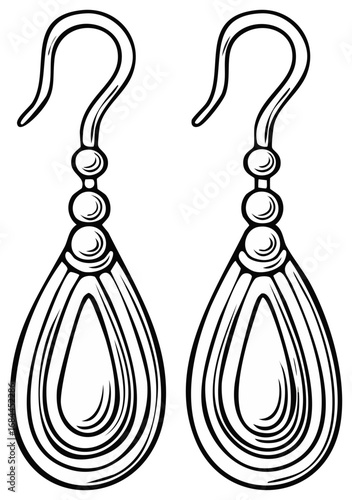 Elegant teardrop dangle earrings with hook closure, detailed linework illustration